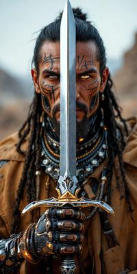 The primary subject of the image is a man with a beard and long hair, wearing a brown robe and holding a sword. The man appears to be a warrior or a character from a fantasy story. The setting is a desert-like environment, with a rocky background. The visual style is a combination of photo and digital art, creating a realistic yet artistic representation of the man and his surroundings. The colors and mood of the image are dark and dramatic, emphasizing the intensity of the scene.